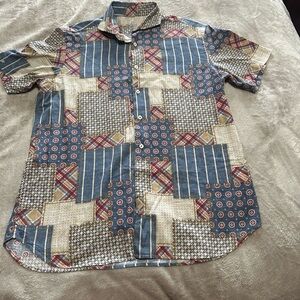 Blue and Red Casual Button Down Shirt with Patchwork Design